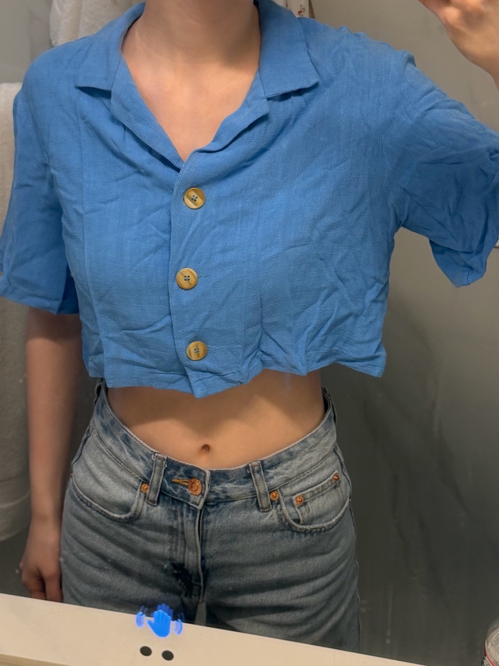Blue Cropped Button-Up Shirt – Lightweight Vacation Blouse (Size S)